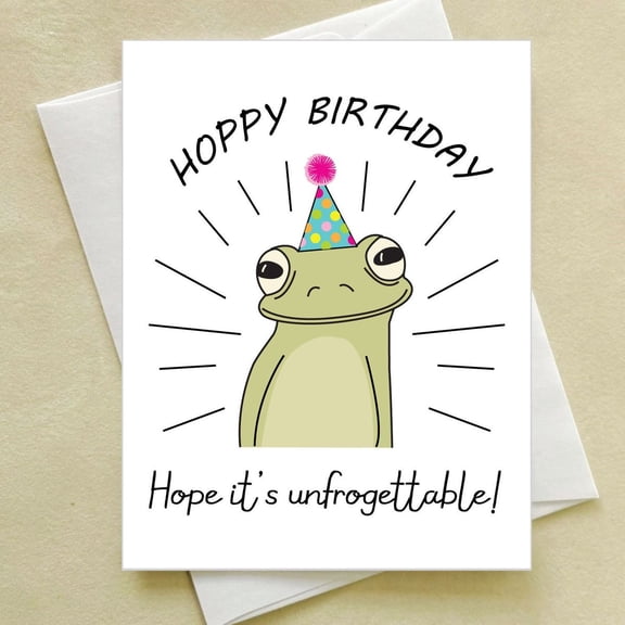 Hoppy Birthday Card with Frog Design – Fun Party Hat Illustration – Blank Inside – Perfect Greeting Card for Birthdays, Friends, and Family