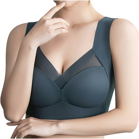 Bras for Women Full Coverage Lady Mesh Push up Bra Plus Size Sports Bra Underwear Yoga Hollow Out Bra Cup V-Neck No Underwire Bra Feature Hook and Eye Closure Longline Bra Style Y-618   Blue L