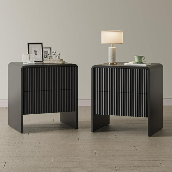 FURNIWAY Set of 2 Curved Nightstand with 2 Drawers, Wooden Bedside Table with Pop-up Design, Modern End Table for Bedroom, Living Room, Black