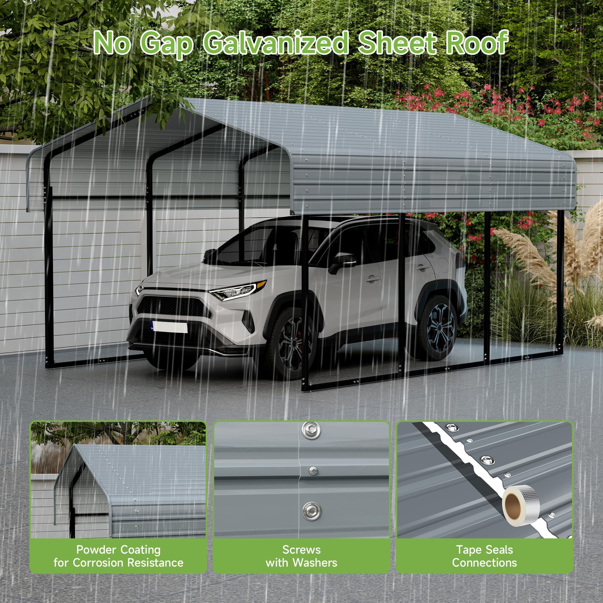 Zolyndo Heavy Duty 10x15FT Metal Carport with Galvanized Steel Roof, Outdoor Car Shelter Garage Canopy for Cars, Trucks, Boats, Dark Gray