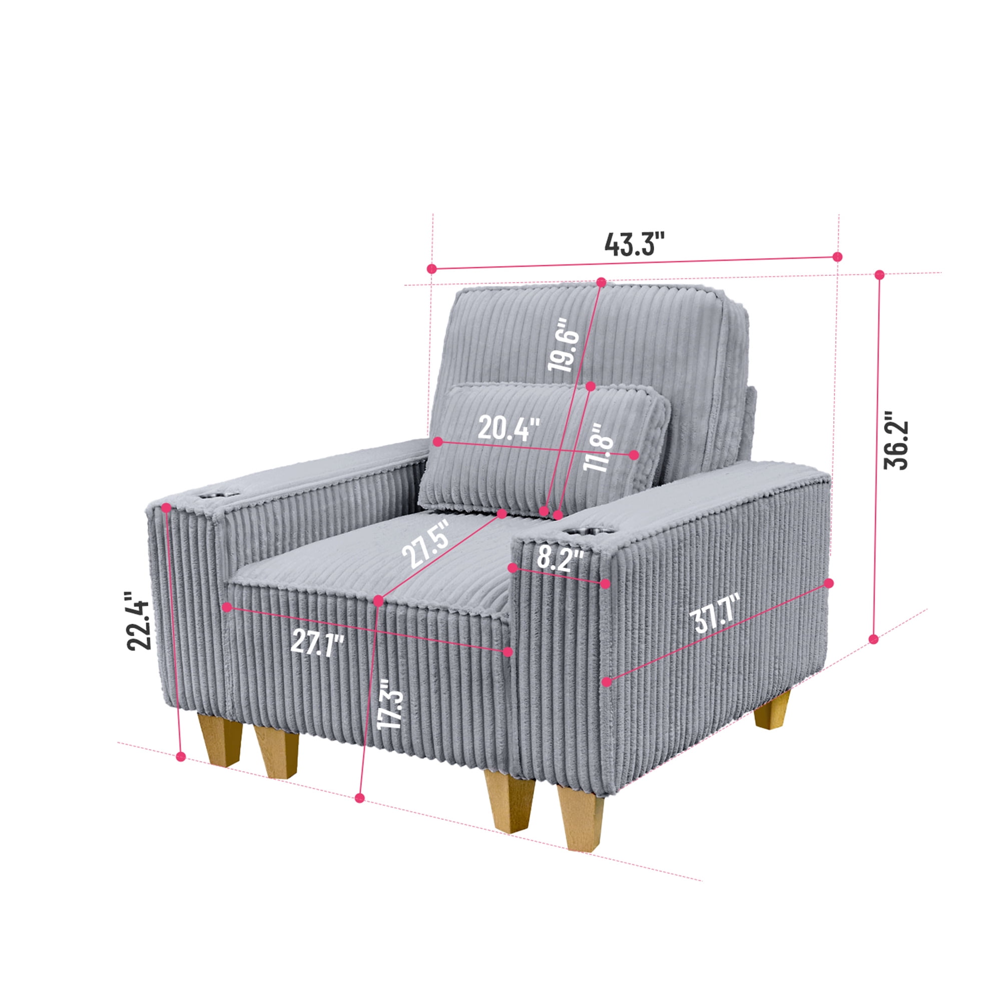 Aukfa 3 Piece Sofa Set - 43.5" Oversized Armchair Couch w/ Cup Holders&Pillows, Solid Wood Legs, Gray