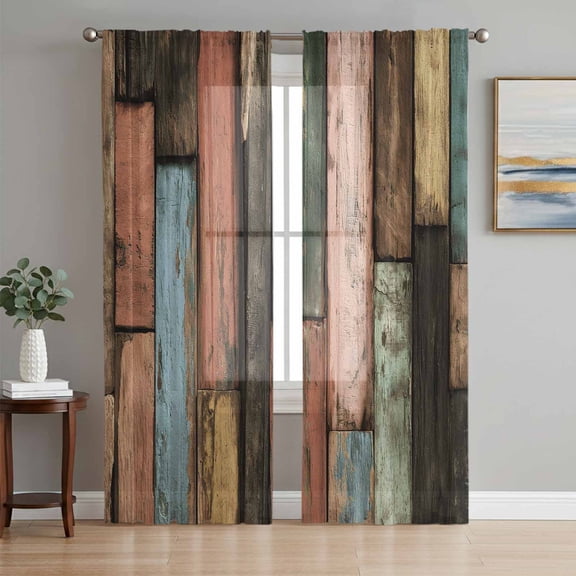 Vintage Wood Grains Sheer Curtains 63 Inch Length 2 Panels Set Window Treatments, Farmhouse Colorful Wooden Texture Rod Pocket Semi Curtains for Living Room/Bedroom/Kitchen Décor, 104"W x 63"L