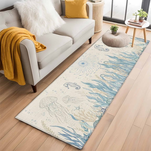 Blue Seahorse Coastal 2'x6' Runner Rugs for Hallway Kitchen Bedside Non Slip, Summer Beach Nautical Ocean Coral Vintage Entryway Rug Runners with Rubber Backing, Long Carpet Runner for Laundry Room
