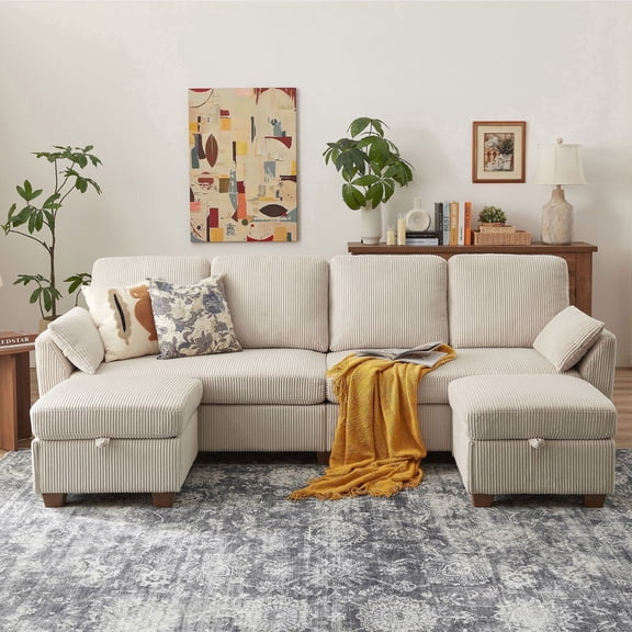 Pingliang Home Corduroy Sectional Sofa with Double Ottomans, Modern Modular Sofa Couch with Storage,4 Seat U-Shaped Couch Sofa for Living Room, Apartment, APT,Office,Studio,Beige
