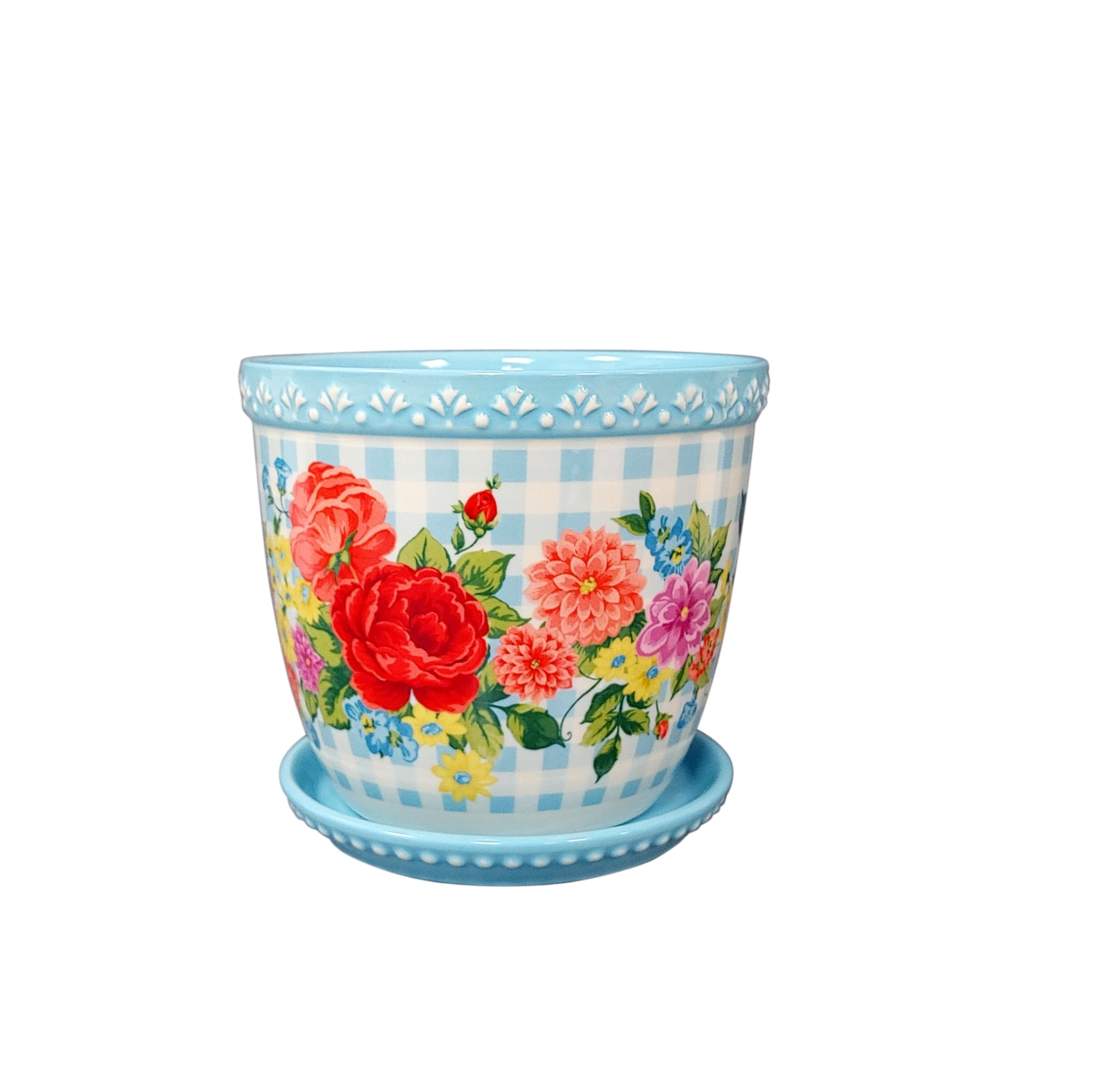 The Pioneer Woman Sweet Rose Gingham Planter, 6 inch, Stoneware