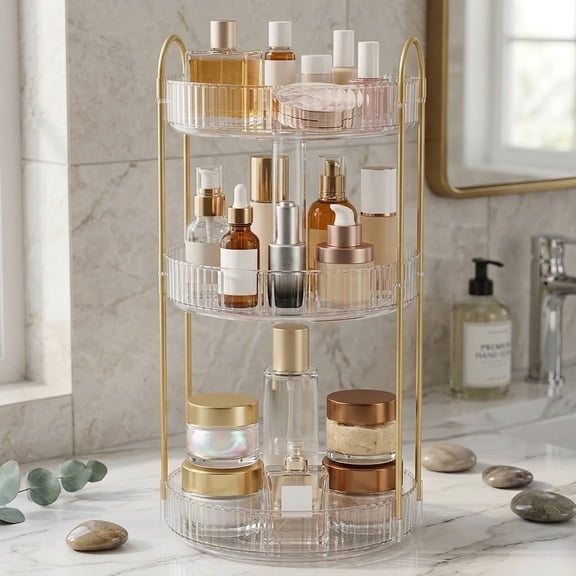 3-Tier 360° Rotating Makeup Organizer, Clear Spinning Cosmetic & Perfume Storage for Vanity Countertop, Sturdy Metal Pole Skincare Holder Stand for Bathroom Dresser, White