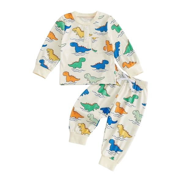 Baby Boy Clothes Allover Dinosaur Print Long Sleeve Shirt and Pants Set 2 Piece Playwear Outfit 6 Months-4 Years