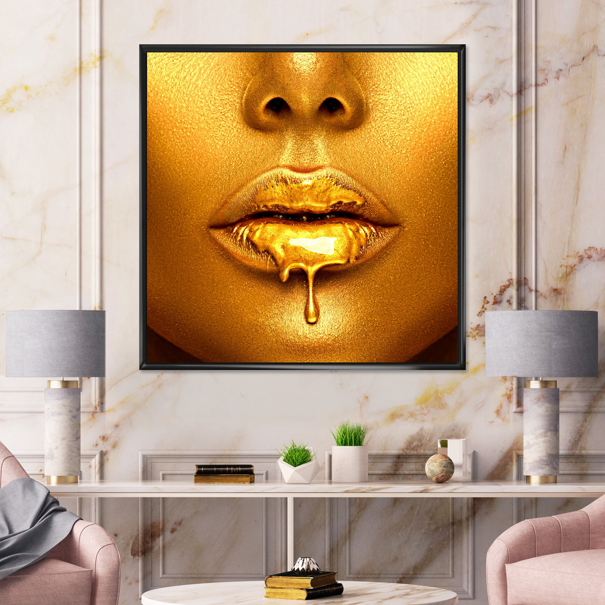 Designart 'Gold Paint Drips From Sexy Girl Lips' Modern Framed Canvas Wall Art Print