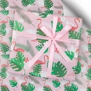 Geluode Flamingo and PresNok Palm Tree Leaves Birthday Wrapping with 1 Roll Pink Ribbon, Flamingo Gift Wrap 4 Sheets Folded Flat 20x28 inches per Sheet, for Birthday Wedding Baby Showers Party