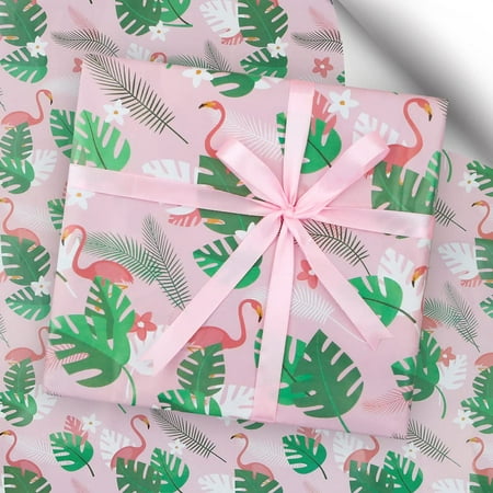 Geluode Flamingo and PresNok Palm Tree Leaves Birthday Wrapping with 1 Roll Pink Ribbon, Flamingo Gift Wrap 4 Sheets Folded Flat 20x28 inches per Sheet, for Birthday Wedding Baby Showers Party