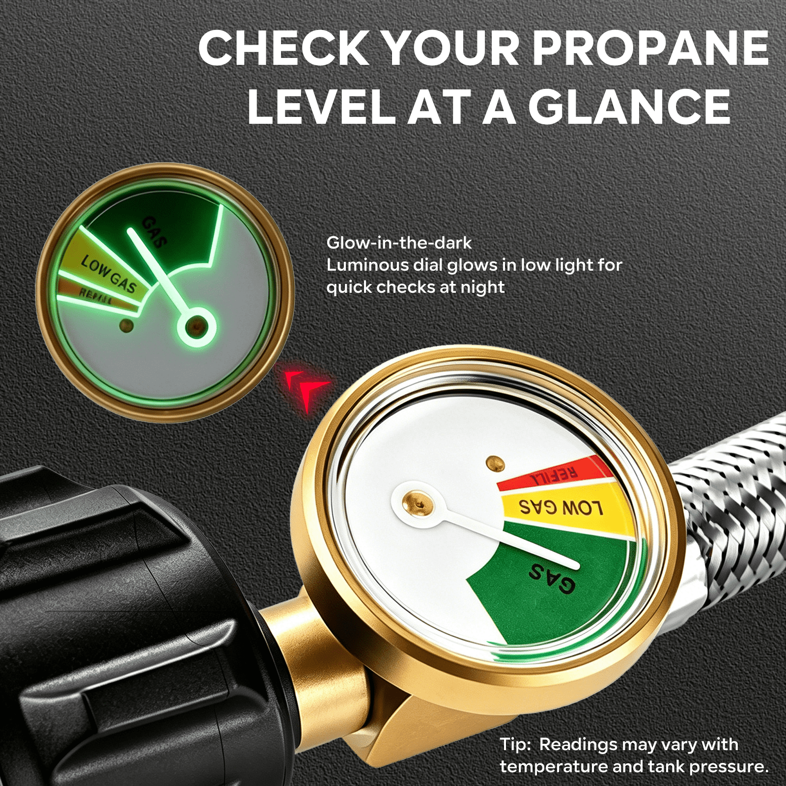 GASPRO Propane Gas Regulator Hose 12 ft with Gauge, Stainless Steel Braided LP Gas Hose, Replacement for Gas Grill, Fire Pit, Patio Heater, BBQ, Propane Tank