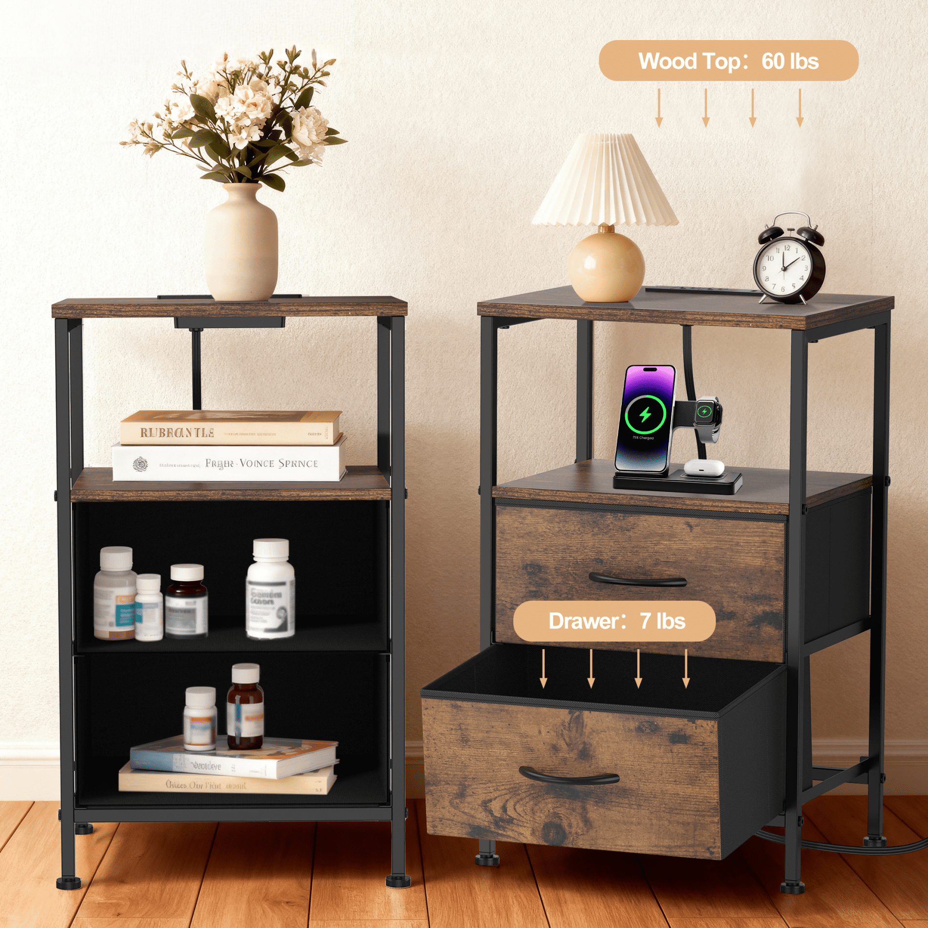 EZKAMFORT Nightstands for Bedroom Set of 2, Nightstands Set of 2, Small Nightstands with Usb Ports and Outlets, Rustic Brown Bedside Table