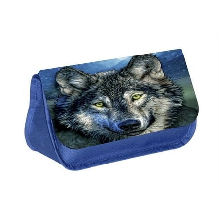 Wolf- Blue Medium Sized Makeup Bag with 2 Zippered Pockets and Velcro Closure