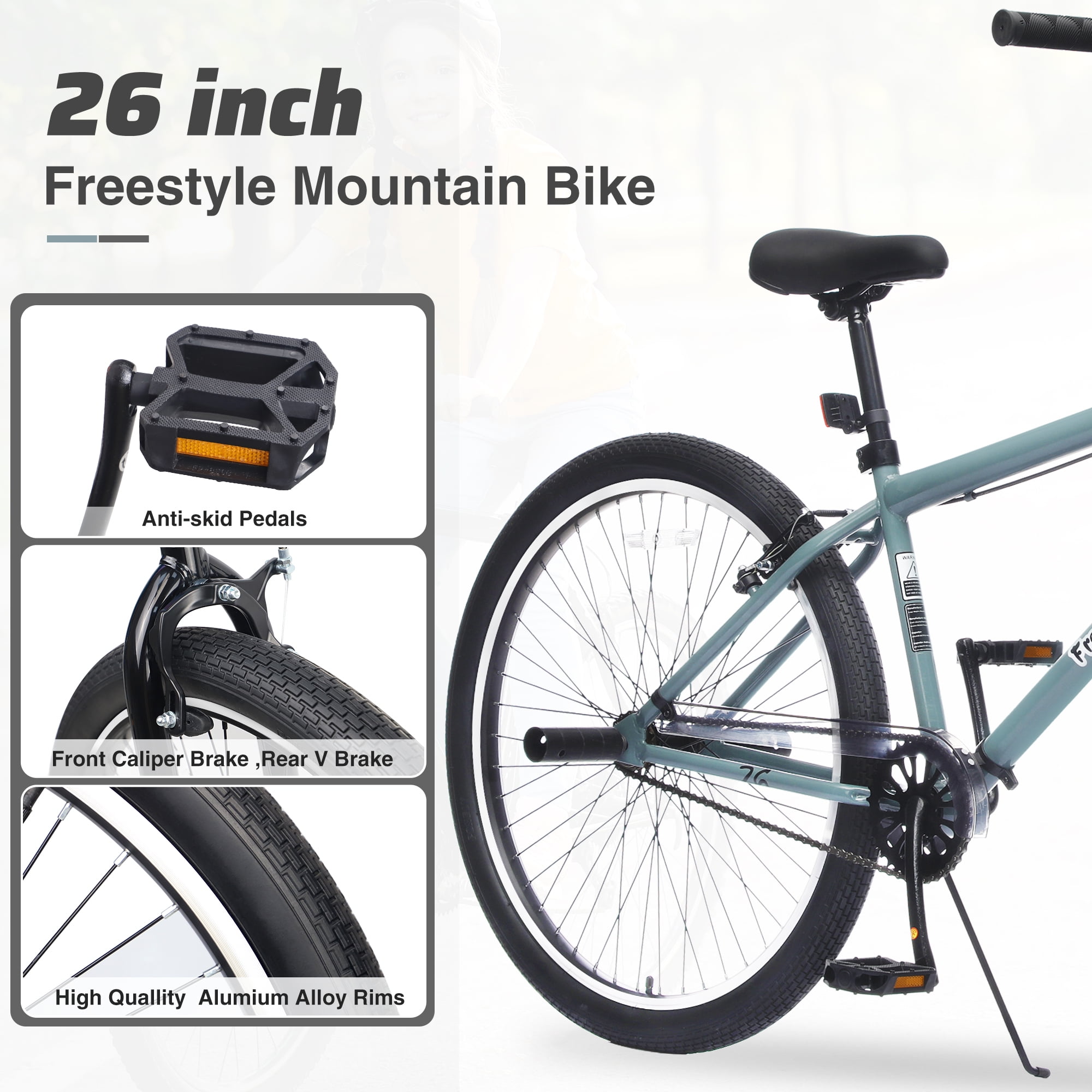 Juuar 26" Freestyle Mountain Bike with 2 Pegs, Single Speed Steel Frame BMX Bike, Comfort City Bike Bicycle with Caliper Brake & V Brake, Unisex, Fits Riders 5'4"-6'2", Blue