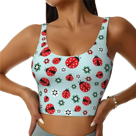 Qokaie Ladybugs And Flowers 1 Pattern Womens Scoop Neck Sports Bra Breathable Workout Vest Padded U Back Medium Impact Fitness Gym Yoga Bra Workout Crop Top-