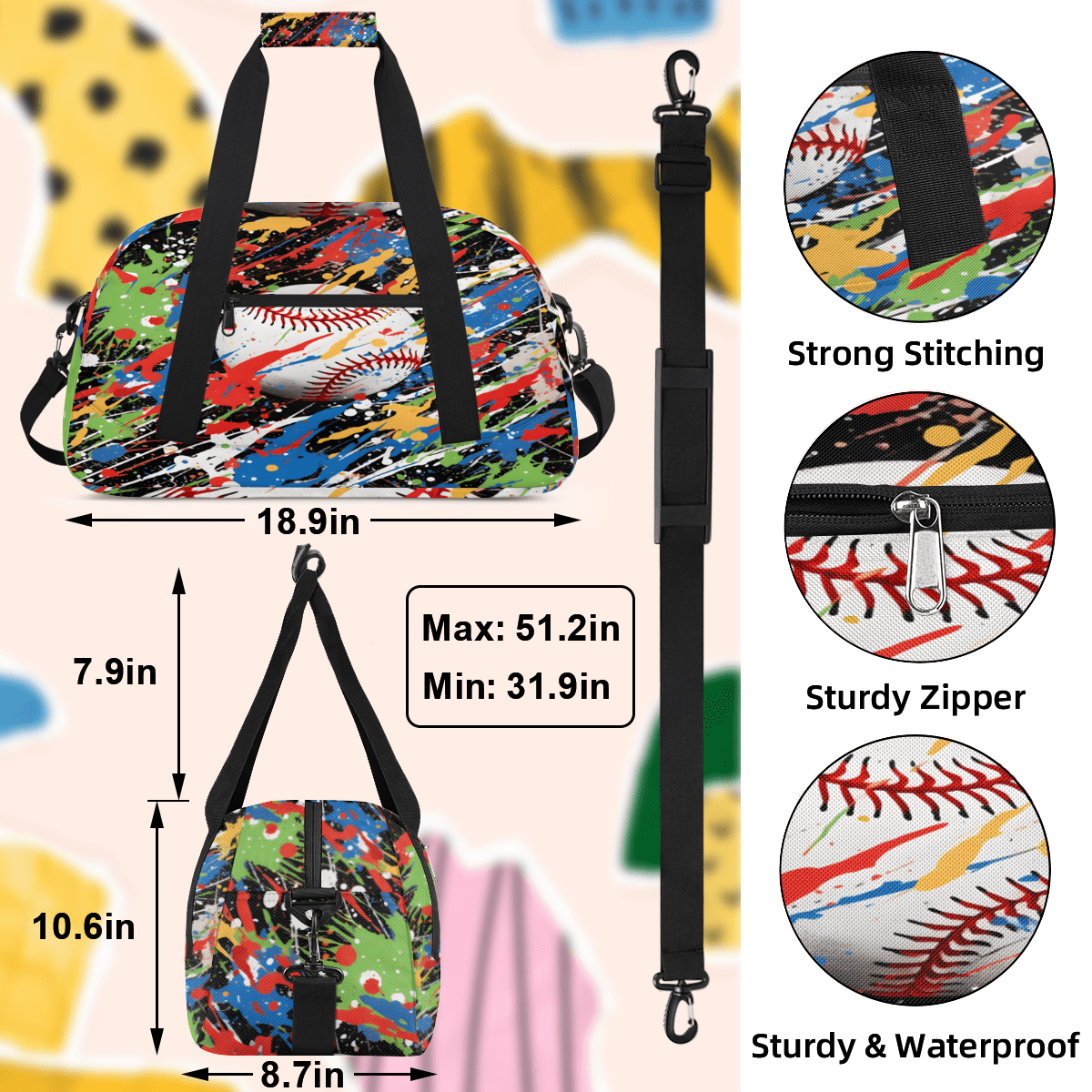 Herdesigns Graffiti Baseball Sports Duffle Bag for Women & Men, Softball Sports Gym Bag Dance Bag Overnight Bag Carry On Weekender Travel Bag