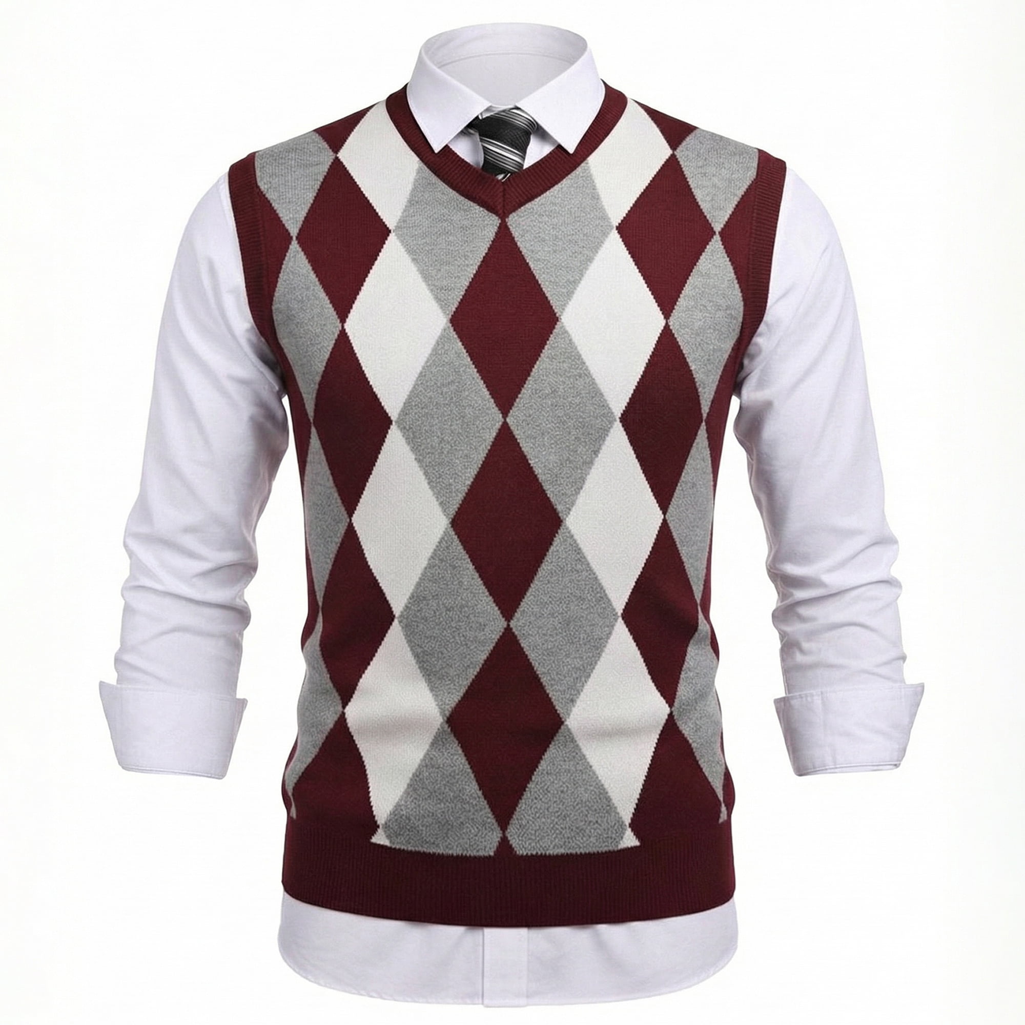 Coofandy Men's Casual Slim Fit V-neck Rhombus Business Knitwear Sweater Vest,X-Large,Wine Red