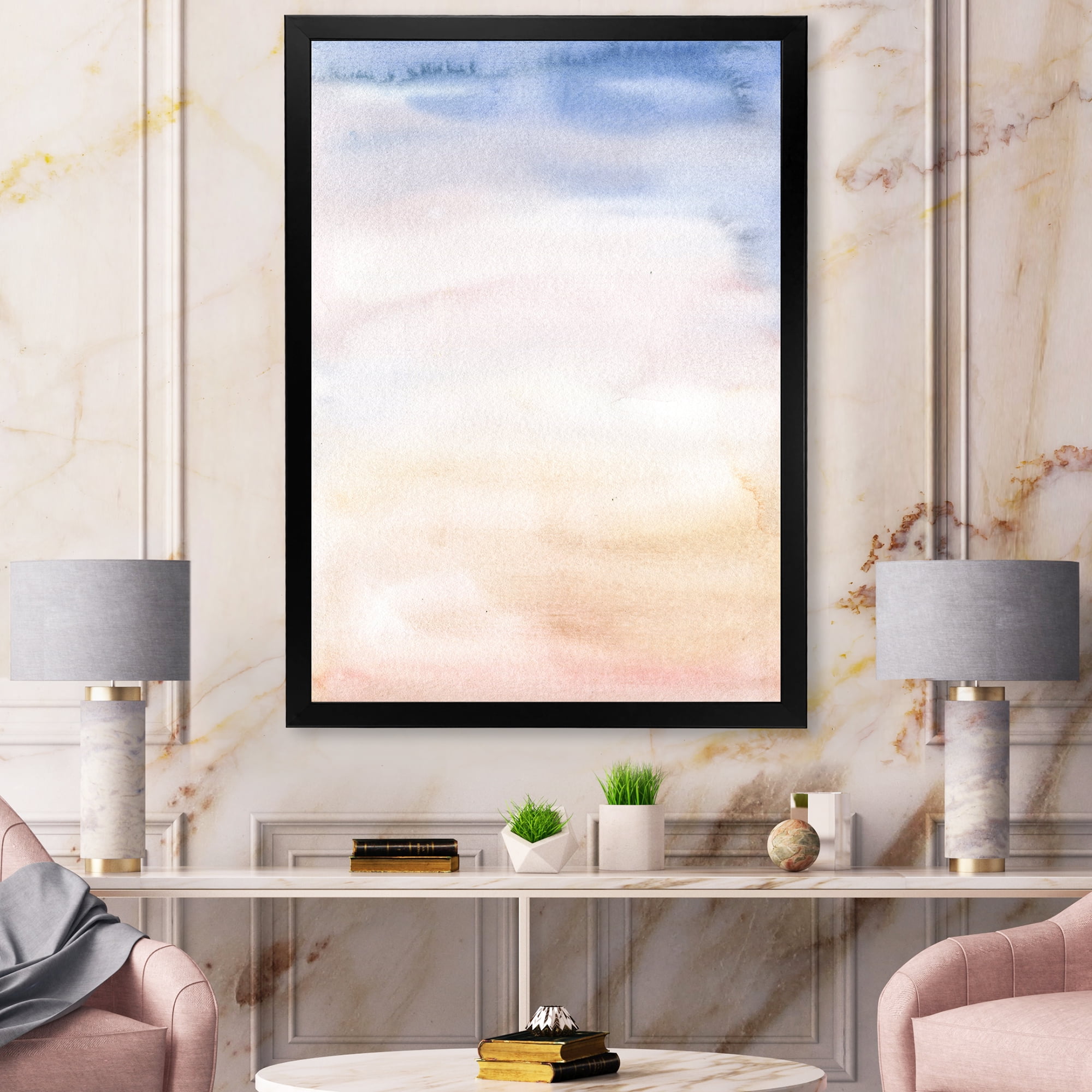 Designart 'Pastel Abstract With Pink Dark Blue and Beige Spots' Modern Framed Art Print