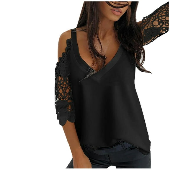 ATOYSOY Women's Loose Dressy Tunic Shirts Fashion V Neck Blouses Summer Cotton Lined Business Tees Cold Shoulder Sleeve Tops Cute Lace Crochet Pullovers Casual Holiday Black L