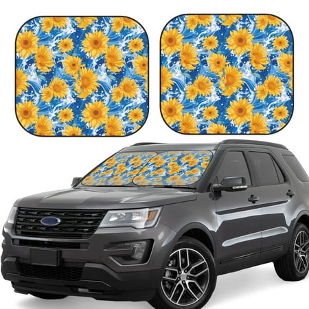 Hirioo Ocean Wave Sunflower for 2PCS Windshield Sun Shade Foldable | Front Windshield Shade for Sun Heat and UV Rays-Medium