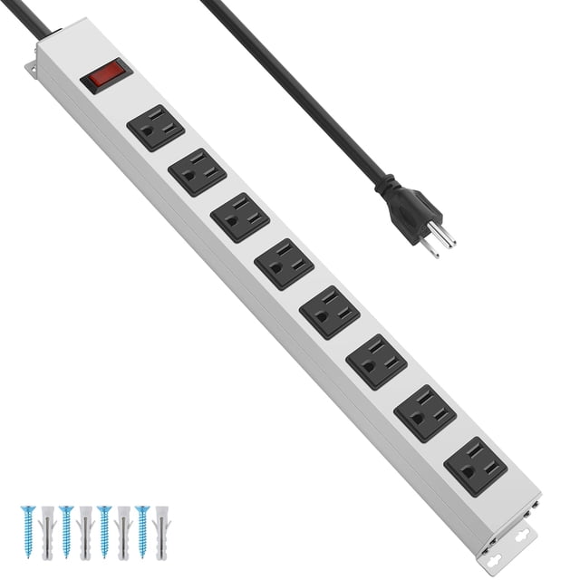 JUNNUJ Tira de alimentación de salida de metal, tira de alimentación resistente montable, protector contra sobretensiones 1200J, tornillos de montaje en pared con interruptor, tiras de escritorio para