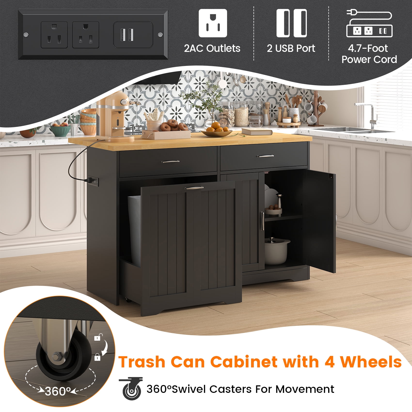 HAUXITIO Kitchen Island with Drop Leaf,Power Outlet & LED Lights,Stationary with Hidden Casters Islands Table for Kitchen,Dining Room,Black