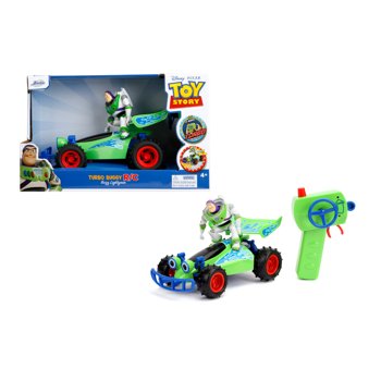 Voiture télécommandée Toy Story Turbo Buggy RC Buzz Lightyear à l'échelle 1/24 avec fonction Turbo Boost, fréquence 2,4 GHz et batterie rechargeable par USB, fabriquée par Jada Toys.