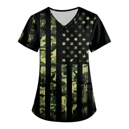 

SENDKEEL Summer Tops Plus Size Retro Independence Day Printed Scrub Working Uniform Tops For Women Cross V-Neck Short Sleeve Fun T-Shirts Workwear Tee With Pockets
