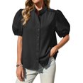 thumbnail image 2 of Womens Puff Sleeve Button Down Shirts Cotton Pleated Loose Fit Tops Summer Dressy Casual Blouses, 2 of 8