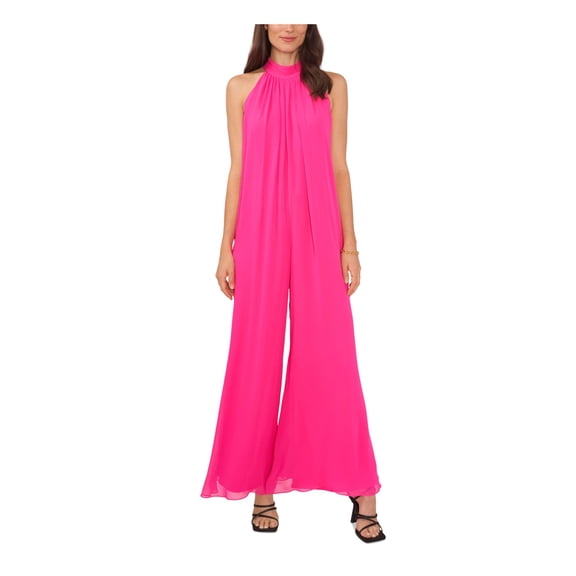 VINCE CAMUTO Womens Pink Zippered Tie Lined Sheer Sleeveless Halter Evening Wide Leg Jumpsuit XS
