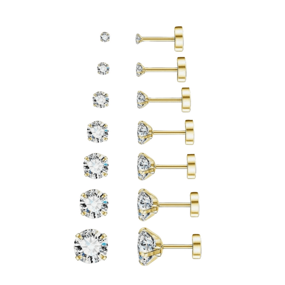 LIVYEN 7 Pairs Yellow Gold Plating Hypoallergenic Flat Back Stud Earrings| Earrings for Sensitive Ears for Women and Men