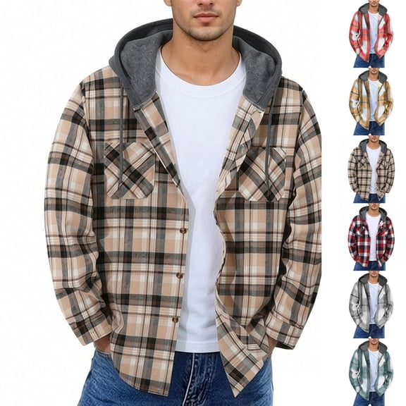 Kids Jackets Boys Dqueduo Men's Flannel Plaid Hooded Long Sleeve Button Front Casual Shirt Jacket, Multiple Styles Khaki XL