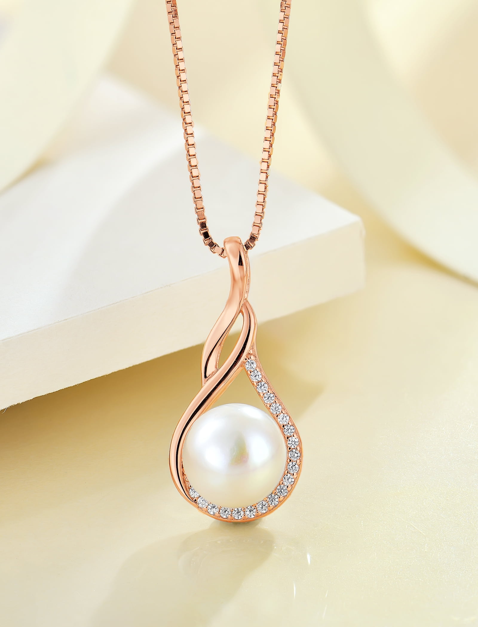 PYNZY Infinity Pearl Necklace for Women, 925 Sterling Silver 18K Rose Gold Plated CZ Pearl Pendant Necklace 9MM Freshwater Cultured Pearl Jewelry Gift