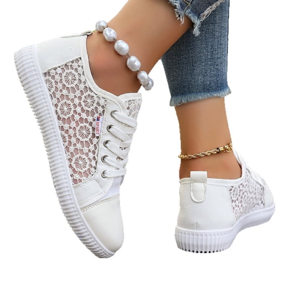 Willtoo Womens Lace Sneakers Fashion Mesh Low Cut Canvas Shoes Lace Crochet Lace Up Walking Running Tennis Shoes Lightweight Breathable Flat Wedding Shoes Bridal Sneakers