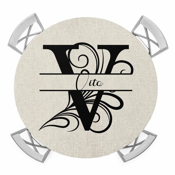 Letter V Round Tablecloth for 36-44 Inch Tables, Fitted Table Cover with Elastic Edge, Monogram Words Waterproof Outdoor Table Cloth Protector for Patio Garden Dinner Picnic