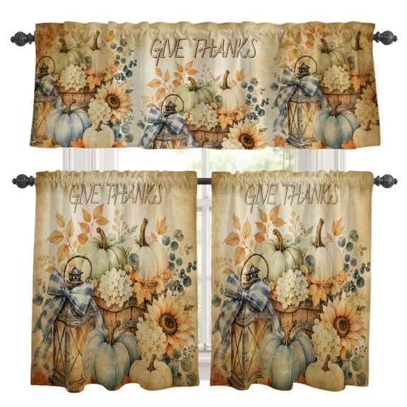 Thanksgiving Fall Kitchen Curtains Valances 3 Piece Set, Vintage Green Blue Pumpkin Sunflower Leaf Lanterns Rod Pocket Tier Curtain and Valance Drapes for Small Window 36 Inch Length for Bedroom Cafe