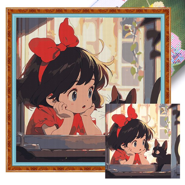 Hilo Algodón Bordado Cgtredaw Punto Cruz Gato para Niña 11CT 50x50cm
