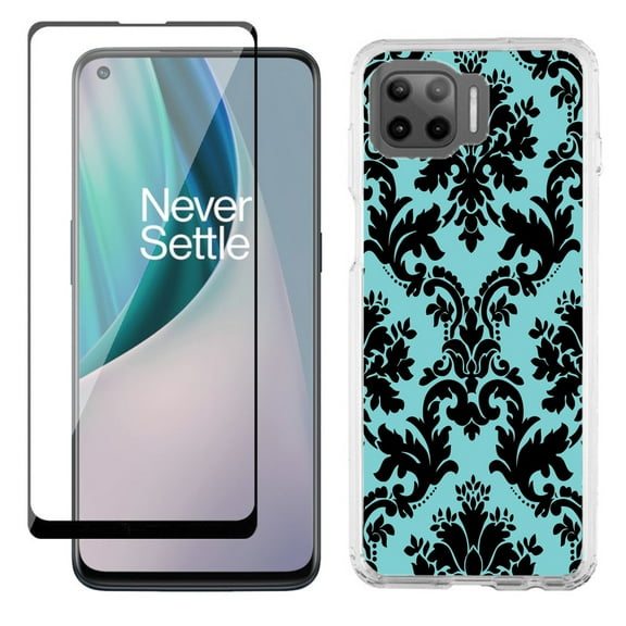 Slim-Fit Protective Phone Case compatible with Motorola Moto One 5G UW, with Tempered Glass Screen Protector, by OneToughShield ® - Victorian Blue/Black