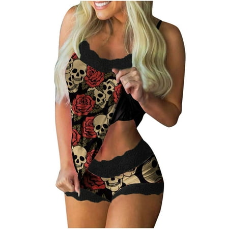

Summer Pajama Shorts for Women 2 PC Skull Cobweb Nightgown Cami Pjs Set Sleepwear Sleeveless Cami Shorts Nightwear
