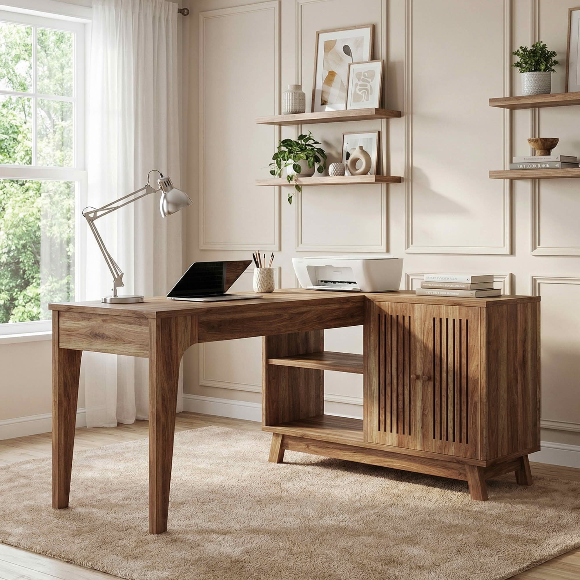 MAYEERTY 41" L-Shaped Corner Desk, Modern Minimalist Wooden Workstation with 2 Open Shelves & Lateral Cabinet