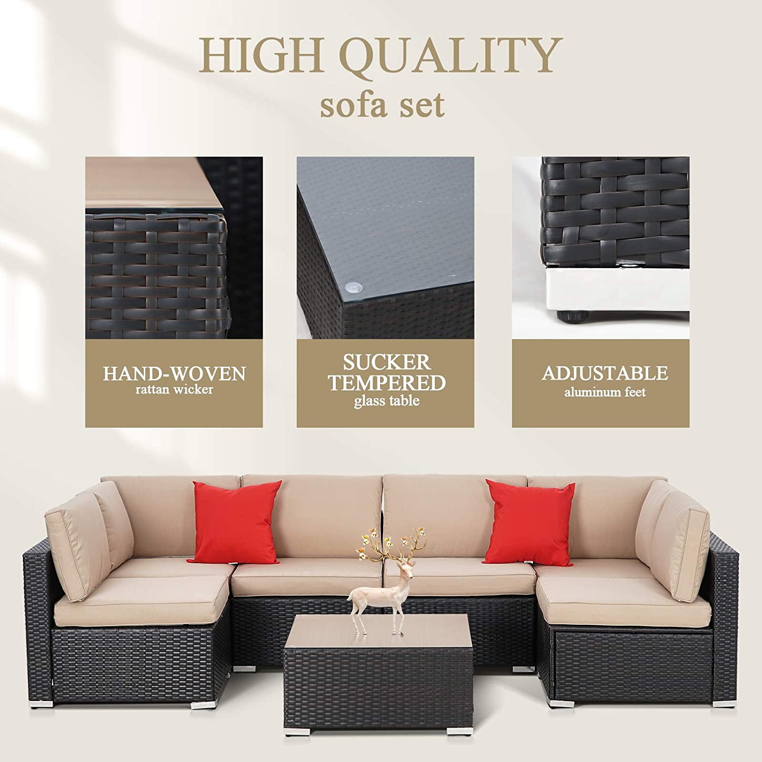 SUNCROWN Outdoor Patio Furniture 7-Piece Sofa Set Black Brown Wicker, Washable Seat Cushions with YKK Zippers and Modern Glass Coffee Table (Brown Cushion)