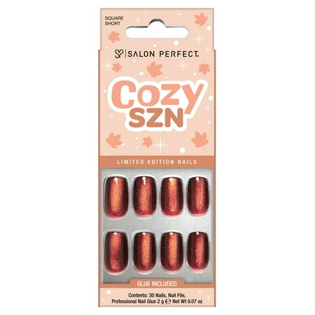 Salon Perfect Halloween Fall Artificial Fake Press On Nails, 388 Magnetic Orange, Short Square, File, Glue and Prep Pad Included, 30 Nails