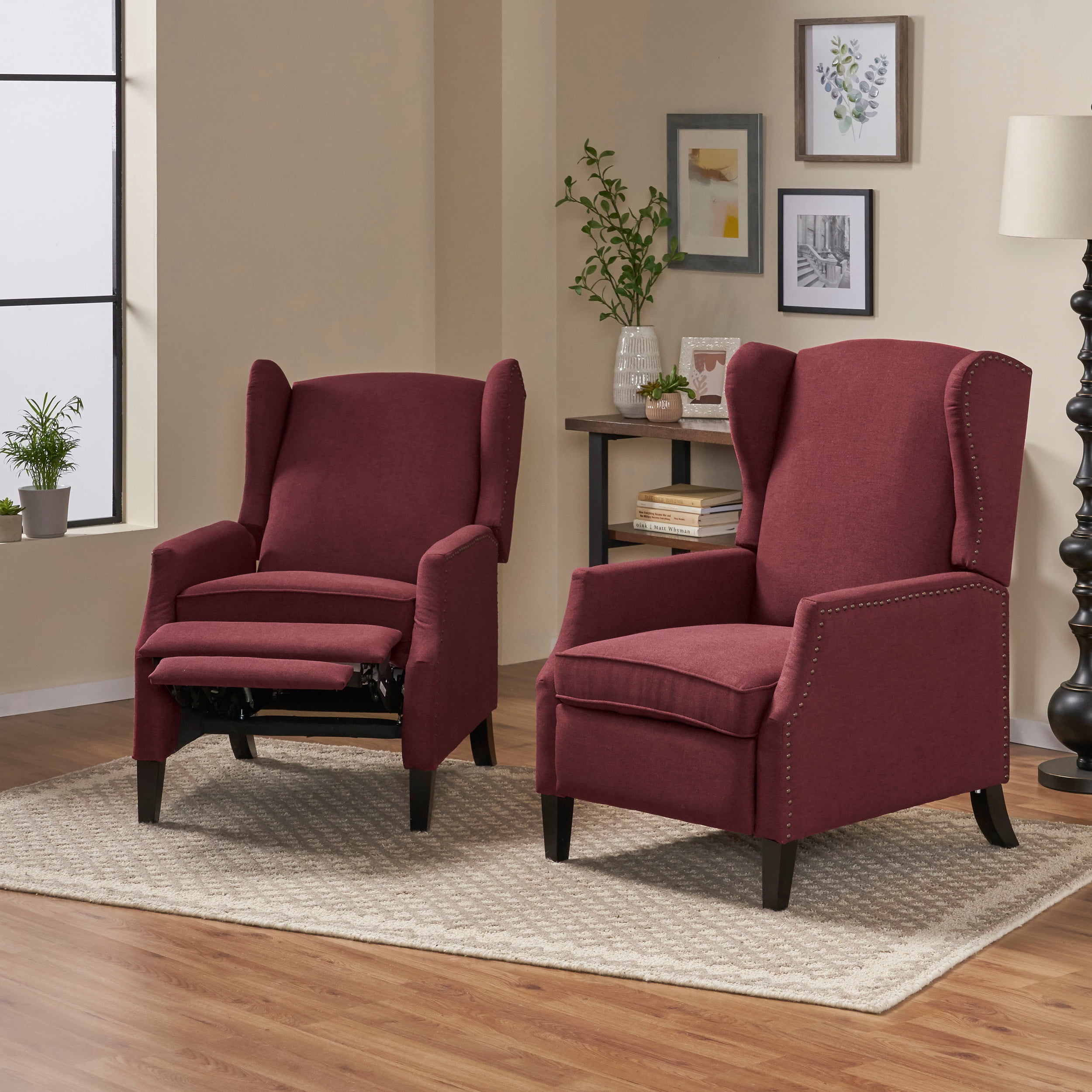 Noble House Wescott Fabric Nailhead Trim Recliner with 2 Sets, Dark Brown/Deep Red
