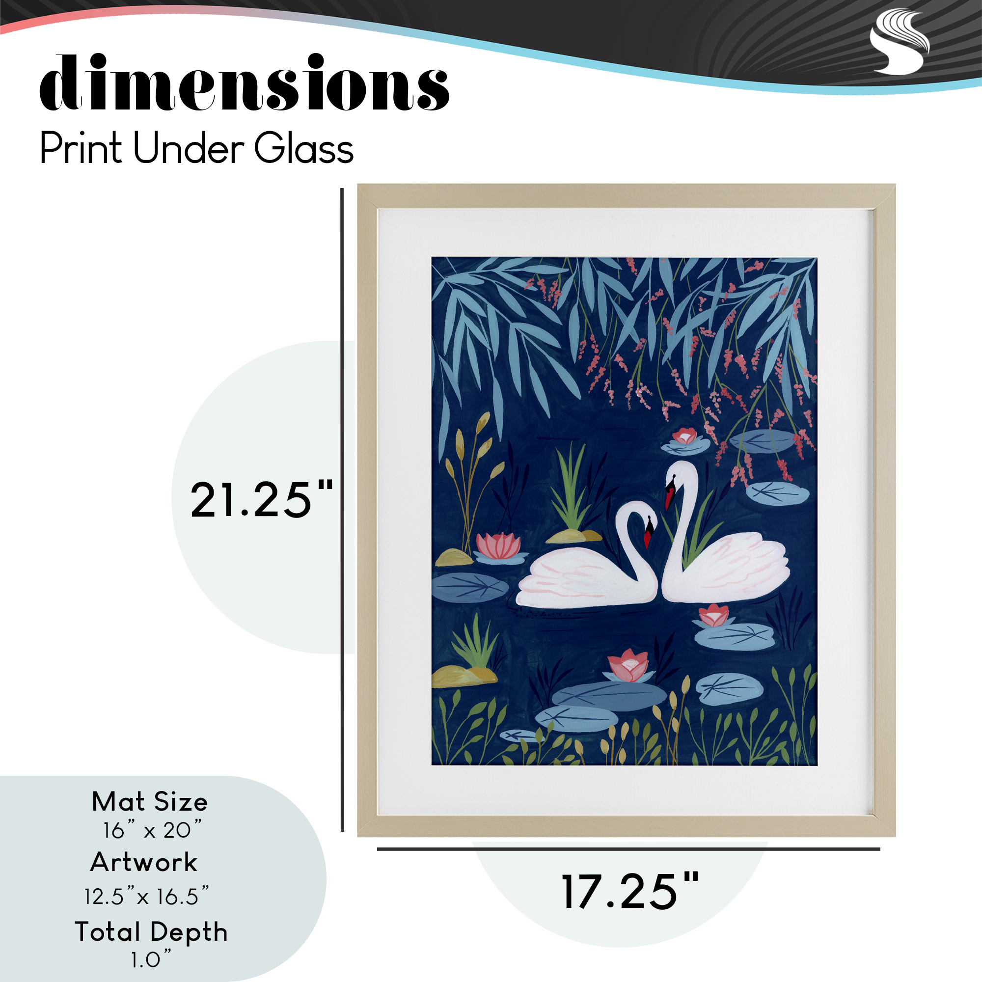 Swan Pair on Blue Pond Birch Framed Print Under Glass, design by Nabeela Rumi