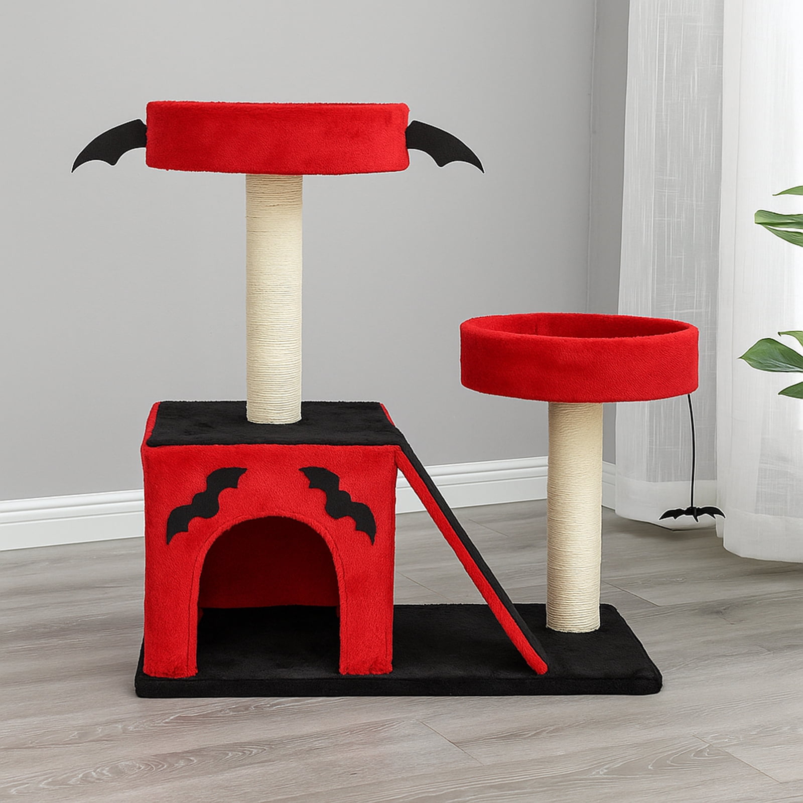 26" Gothic Cat Tree Halloween Décor Multi-Level Cat Tower with 2 Perches Condo Scratching Posts Spider Toy Scratching Ladder for Large Cats Red & Black