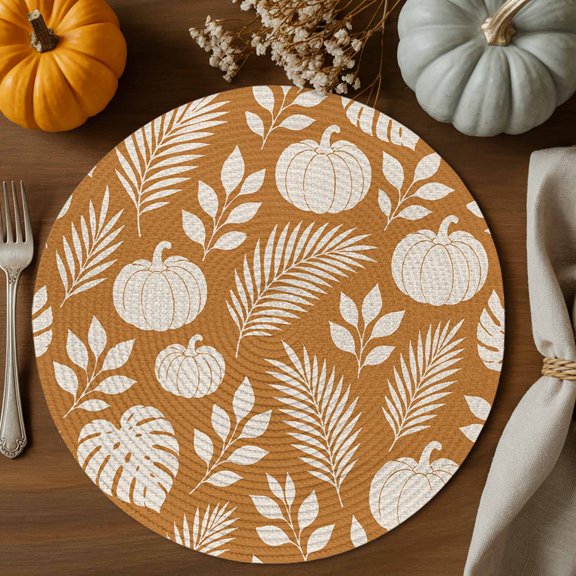 Beige Pumpkins Round Braided Placemats Set of 4, Botanical Fern Leaf Tropical Fronds Orange Background Heat Insulation Place Mats Washable Non-Slip Table Mats for Kitchen Dining Party, 13 Inches