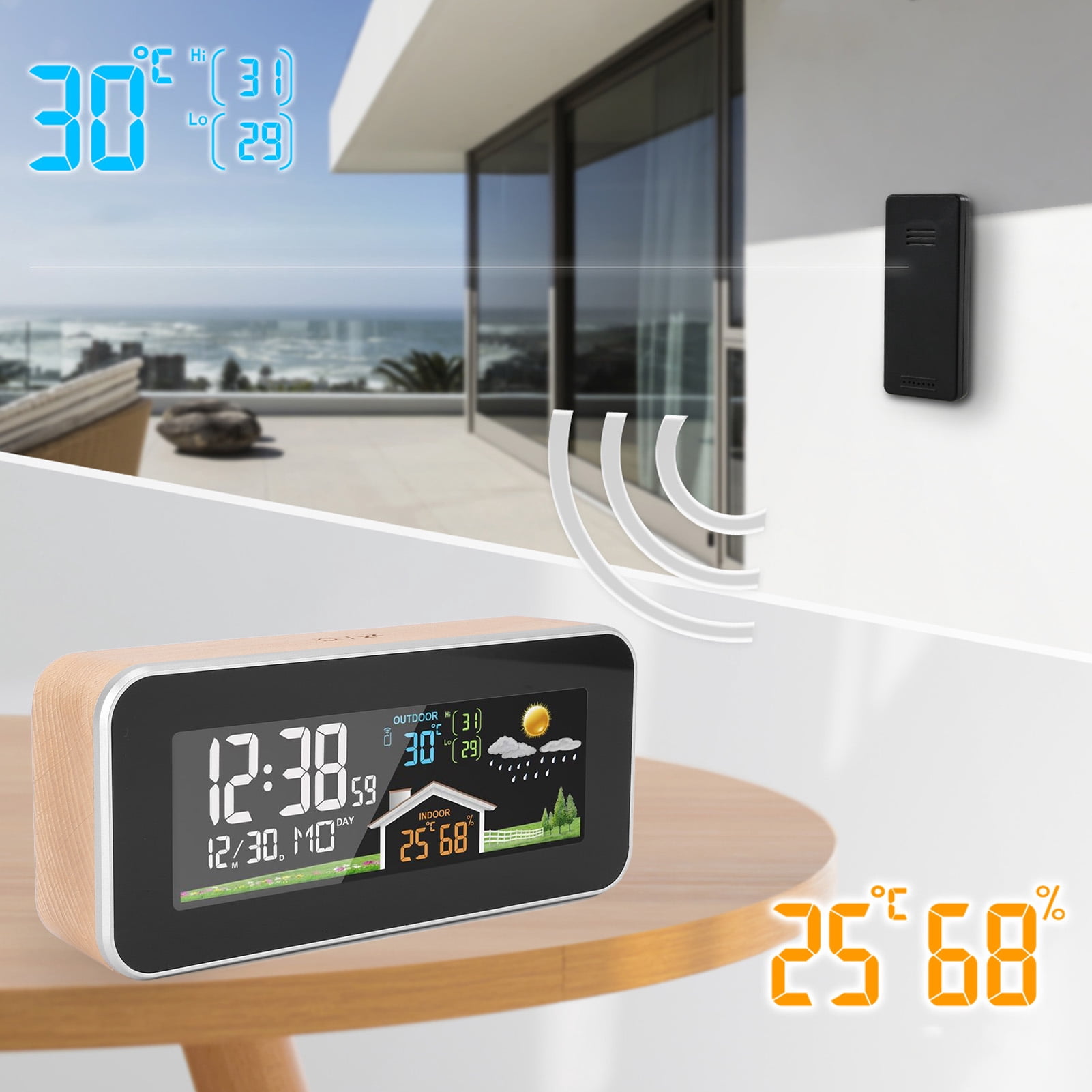 BIMZUC Weather Forecast Clock Wireless Indoor Outdoor Digital Thermometer Humidity Monitor with LCD Color Display, Weather Station with Beech Wood 8.6 inches / 22 cm