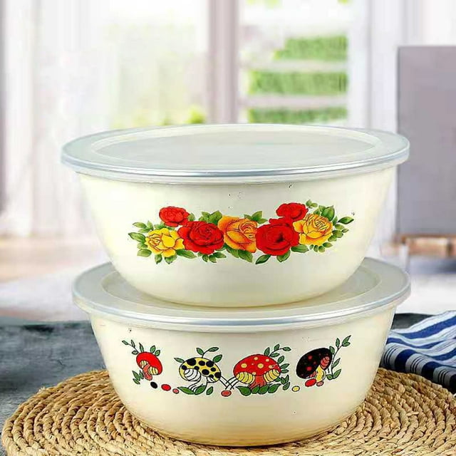 TidBay Clear Pattern Enamel Bowl with Lid Nostalgic Chinese Style Salad Bowls for Dinner