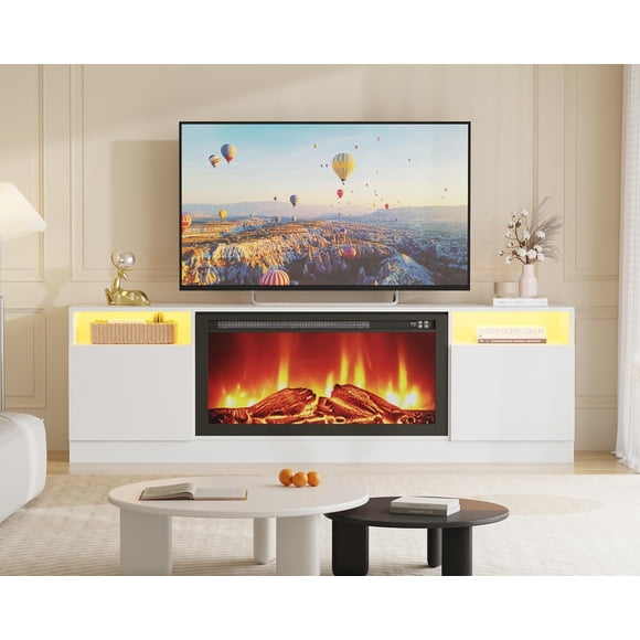 70" White TV Stand for Living Room – Modern Wooden Console with Storage, Fits TVs up to 75", Compatible with 36" Electric Fireplace (Fireplace Not Included).