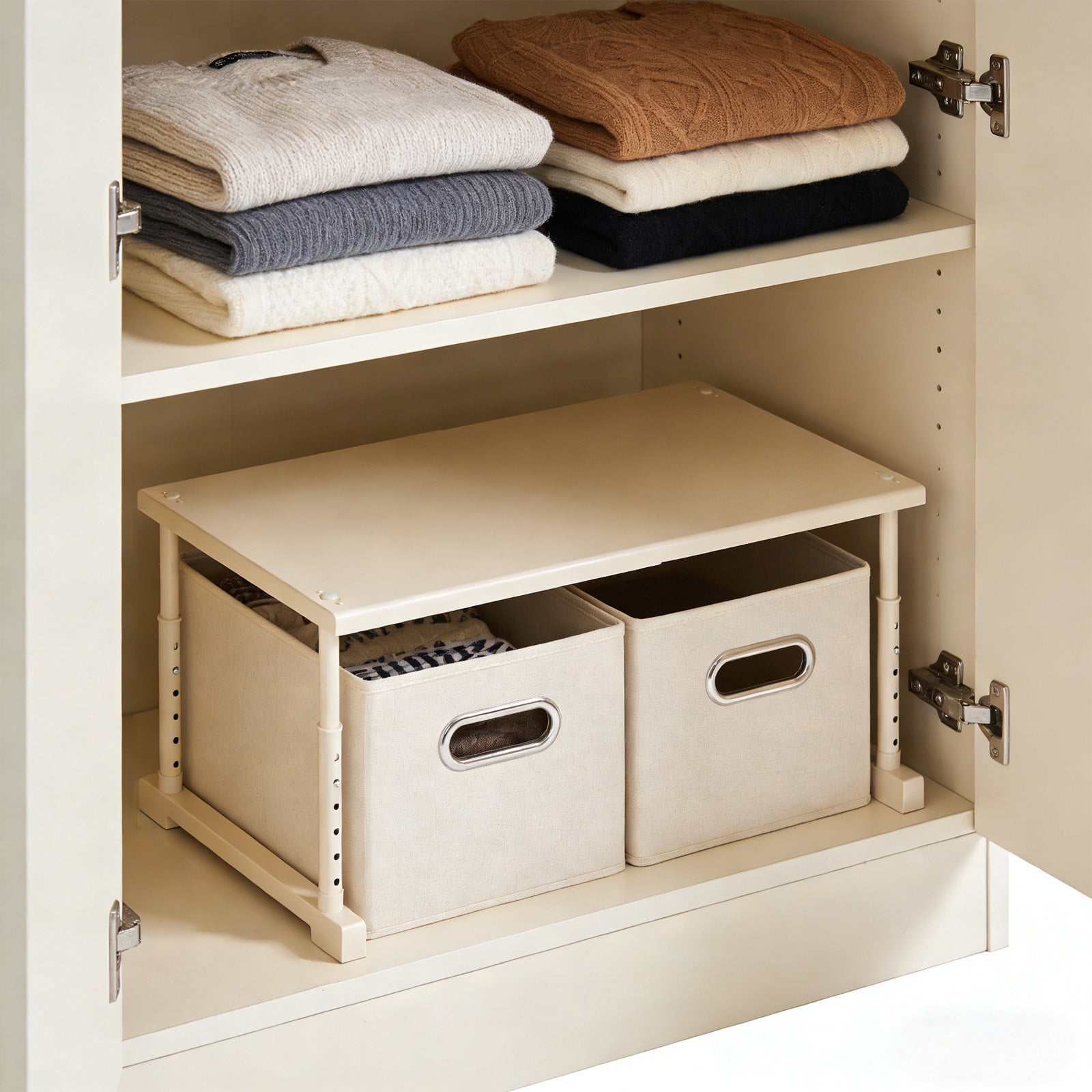 Expandable Shelf Organizer, 2 Tier Adjustable Cabinet Rack for Kitchen Pantry Counter Closet Storage(White-C)